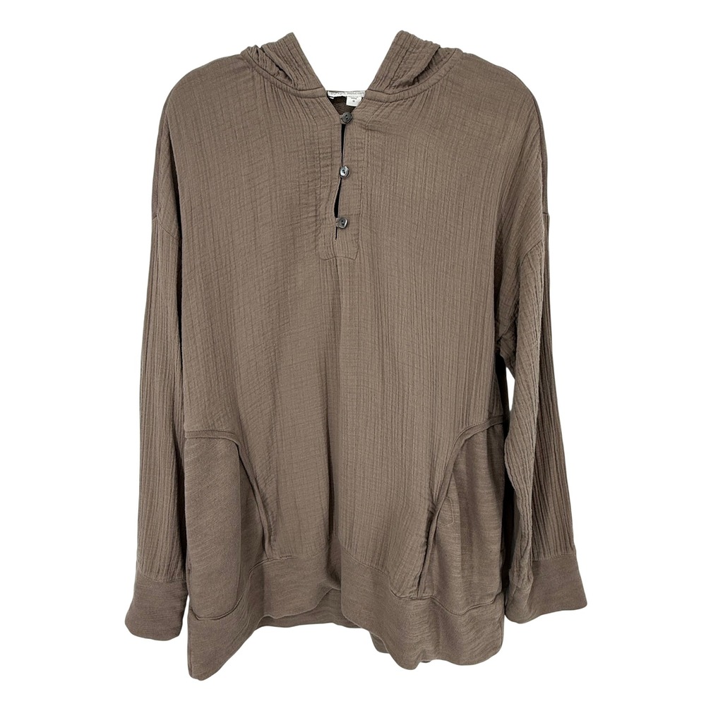 Pure Jill Henley Hoodie Womens M Brown‎ Excellent Organic Cotton Gauze Pullover